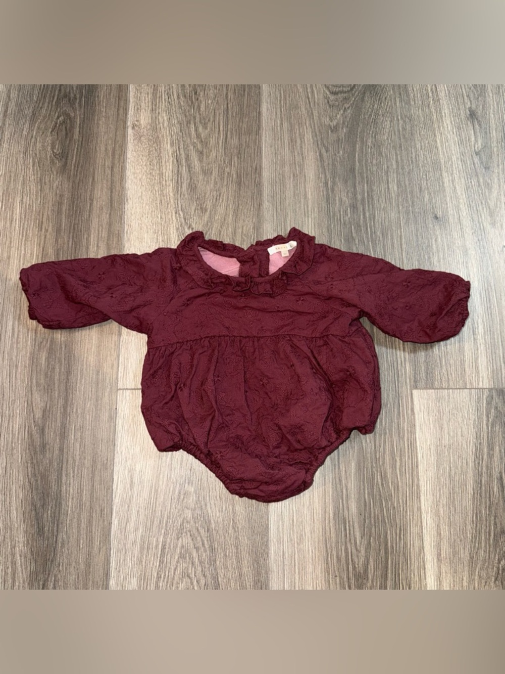 Noralee Adeline Ruffle Eyelet Baby Onesie in Fig Size 6 Months 100% Cotton
